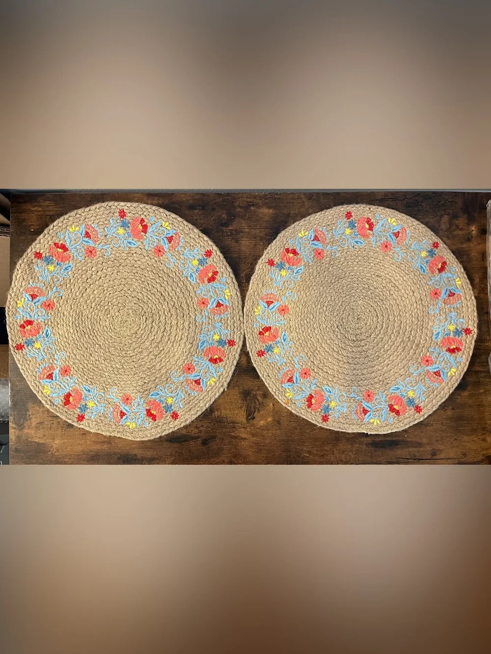 Lot of 2 Pioneer Woman Sweet Rose Embroidered Jute Round Placemats, 15